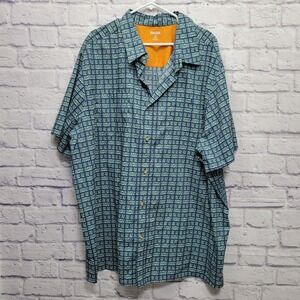 King Size Geometric Print‎ Button Shirt 3XL Big Tall Teal Camp Travel Resortwear